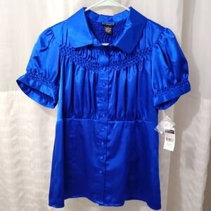 Bay Studio Top Blouse Button Down Cobalt Blue Satin Shirt Shiny Short Sleeve L